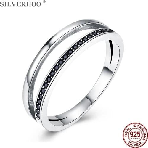 SILVERHOO Women Rings 925 Sterling Silver Simple Black Cubic Zirconia Double Personality Vintage Ring Fine Jewelry New Arrival