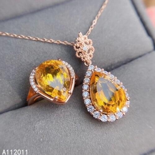 KJJEAXCMY Fine Jewelry 925 sterling silver inlaid natural Citrine female gemstone ring pendant set fashion support test