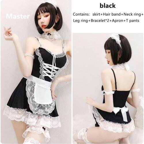 Lace Deep V Collar Babydoll Dress Uniform Maid Servant Cosplay Costume Apron Cute Lolita Erotic Lingerie Set Sexy Underwear