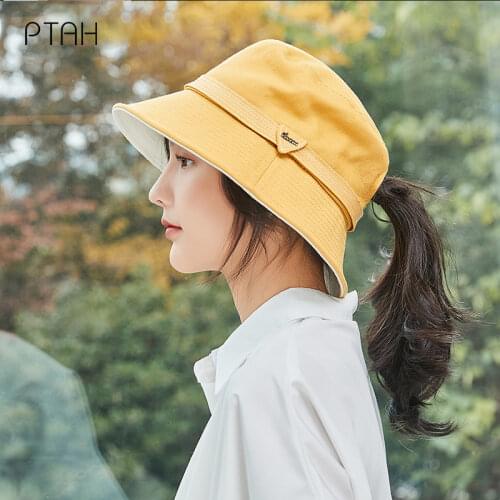 [PTAH] Summer Cloth Hats Foldable Windproof Rope Bucket Hats Womens Beach Shipping Casual Caps Breathable Sun Protection Female