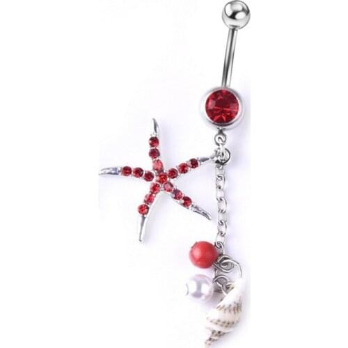 Medical Steel Rhinestone Crystal Star Belly Button Rings Starfish Conch Bead Dangle Navel Piercings Women Body Jewelry