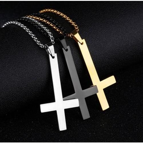 LNRRABC Fashion Stainless Steel Inverted Cross Pendant Necklace Punk Black Silver Necklace Mens Adjustable Necklace
