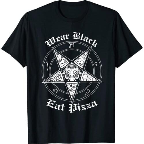 Wear Black Eat Pizza. Funny Satan Sigil Baphomet Pentagram T-Shirt. Summer Cotton O-Neck Short Sleeve Mens T Shirt New S-3XL
