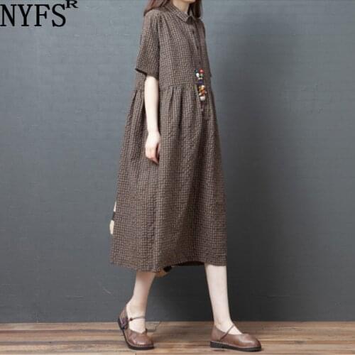 NYFS 2021 New Summer dress Vintage plaid Woman Dress Loose Plus Size Vestidos Robe Dresses