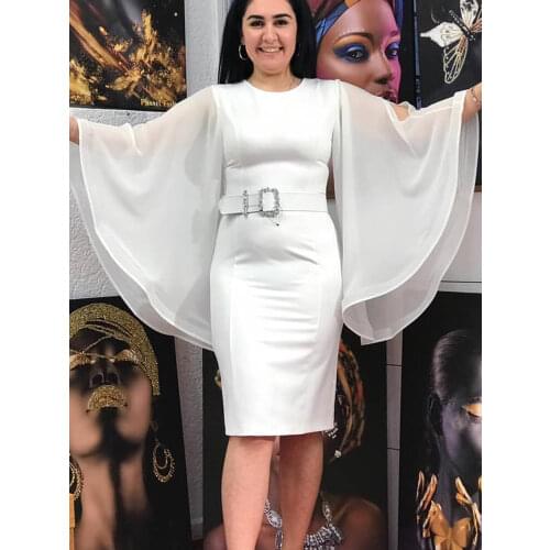 African Pencil Dress Women Chiffon Flare Sleeve Belt Slim Bodycon Mid-calf Party Dresses Dashiki Bazin Solid Night club Vestidos