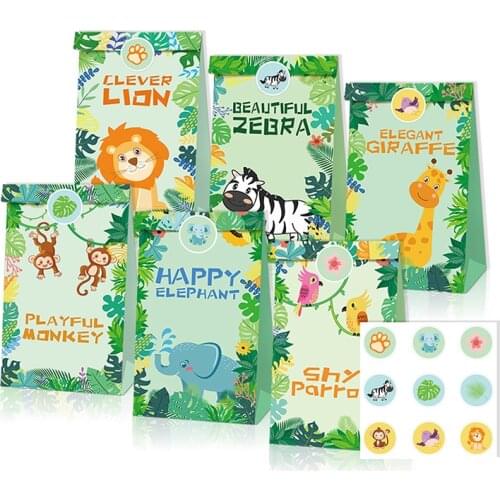 Jungle Animal Party Lion Zebra Monkey Elephant Gift Candy Kraft Paper Bag Safari Birthday Party WildAnimals 1st Birthday Party