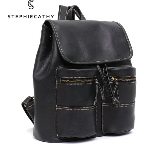 SC Vintage Real Leather Backpacks For Men&Women Drawstring Flap School Travel Shoulder Bags Cowhide Large Multifunction Knapsack