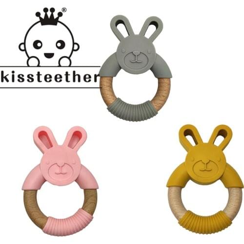 Kissteether Silicone Animal Teether Wooden Ring 1Pcs BPA Free Nursing Accessories Chewable Rattle Newborn Gifts Baby Teethers