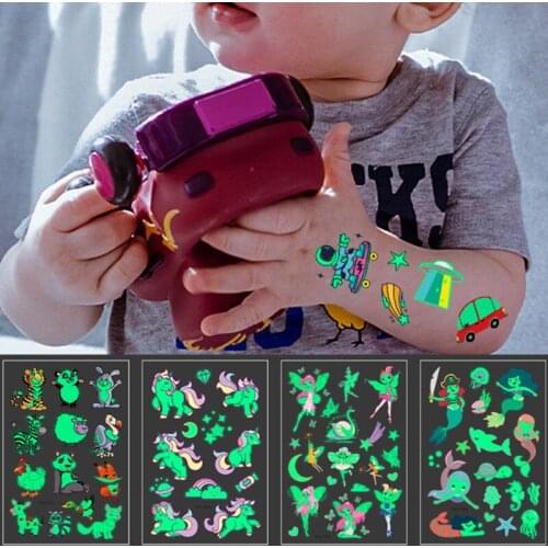Luminous Tattoo Sticker Children Arm Face Glowing Tattoo Children Body Art Tattoo Dinosaur Pirate Unicorn Mermaid Tattoo Cartoon
