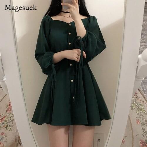 A Line Dresses Women Fashion Japanese Style 2021 Autumn Long Sleeve Sweet V-neck Dress Party Mini Button Vintage Dress 9819