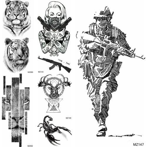 Creative Soldier Temporary Tattoos For Women Men Body Art Arm Legs Tattoos Fake Black Tiger Lion Elk Gangster Waterproof Tattoo