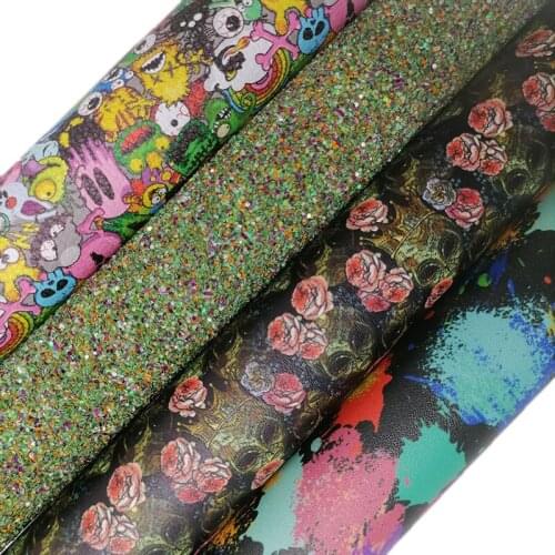 Green Glitter leather, Halloween Monsters Printed synthetic leather Faux Leather Sheets For Bows DIY 21x29CM KM684