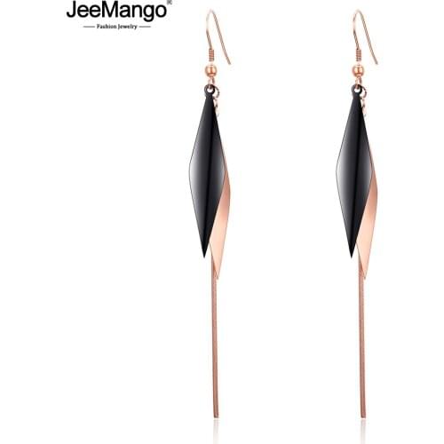JeeMango Stainless Steel Love Long Black Snake Chain Rhombus Drop Earrings Geometirc Rose Gold Women Party Xmas Gift JE18475