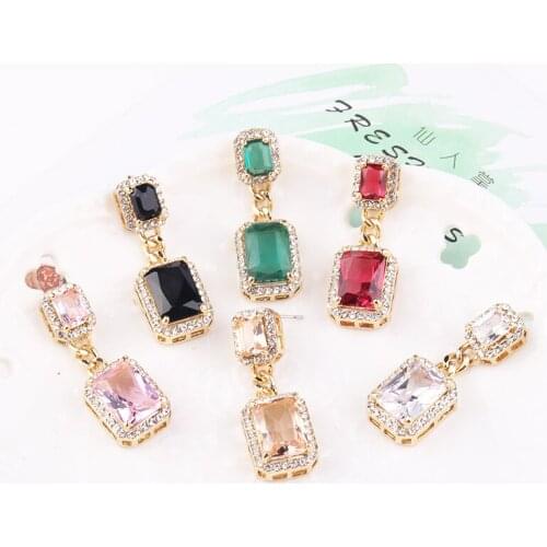 2021 New Multicolor Around Crystal Pendant Glass Square Stud Earring for Women