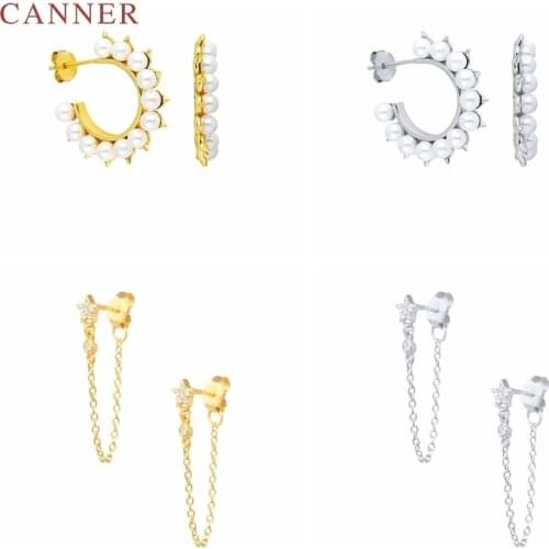 CANNER Real 925 Sterling Silver Earrings For Women Little Star Tassel Vintage Pearl Earrings Hoops Zircon Jewelry Pendientes