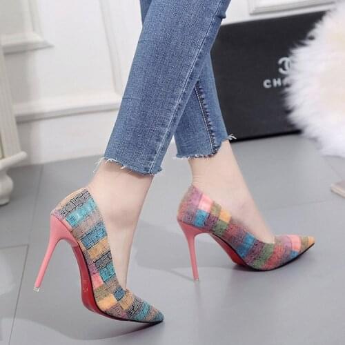 Womens High Heels Spring New European and American Pu Colorblock Low-Cut Pointed Toe Sexy Stiletto Heels Party Shoes Women 2020