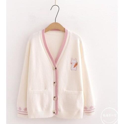 Cartoon Embroidery Rabbit Loose Knit Cardigan Women Wear 2021 Autumn Korean Cute Chic Sweater Coat Trendy All-match Tops Female