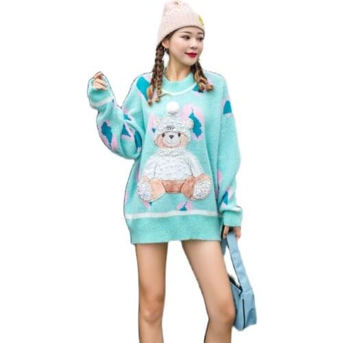 Beaded Bear Sweater Women 2021 Spring Autumn New Fashion Knitted Oversize Sweater Casual Pullover Top женские свитера