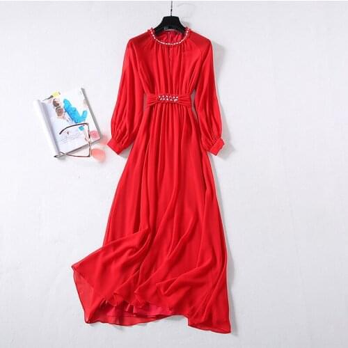 QUALITY Newest HIGH 2021 Fashion Designer Dress Womens Elegant Long Sleeve Diamonds Collar Waist Stunning Red Maxi Long Dress