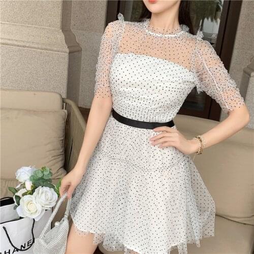 2021 New Summer Runway Designer Luxury Party Dresses Fashion Short Sleeve white Dot Dress Womens Mini Vestidos