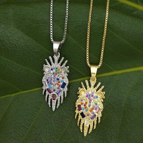 Gold Filled Lion Head Necklace Women Cute Pendant Charm Link Snake Chain Choker Necklace Zirconia Animal Jewelry collar arcoiris