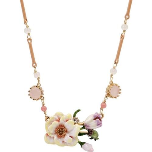 European and American New Fashion Personality Trend Monets Garden Series Enamel Pink Purple Flower Ladybug Womens Necklace