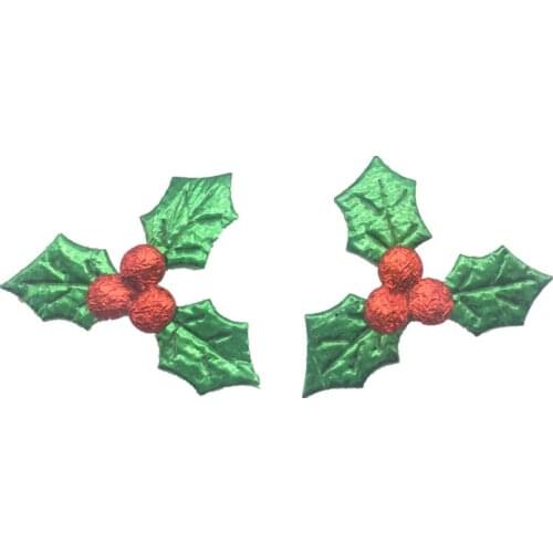 200pcs 28x35mm Shiny Fabric Holly Berries and Leaves Appliques Patch For Christmas Decoration Embellishments