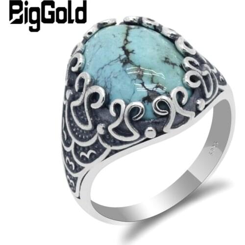Turquoise Men Ring 925 Sterling Silver Setting Big Oval Natural Stone Ring Thai Silver for Men Women Turkish Handmade Jewelry