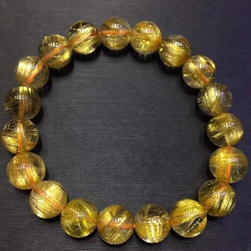 Natural Gold Rutilated Quartz Crystal Bracelet Woman 10mm Clear Round Beads Jewelry Brazil Genuine AAAAA