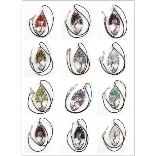 100-Unique 1 Pcs Copper Tourmaline Stone Tree of Life Pendant Marquise Shape Necklace with Rope Chain Amethysts Jewelry