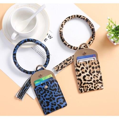 Multifunction ID Card Holder Bank Cards Case Women Leopard Print Purse Wallet Bag Key Case Wristband Handbag PU Leather