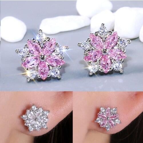 HUAMI 1 Pair Korean Fashion Stud Earrings Flower Shine Zircon Jewelry for Women Sweet Cute Pink Color Wedding Party Gift Bijoux