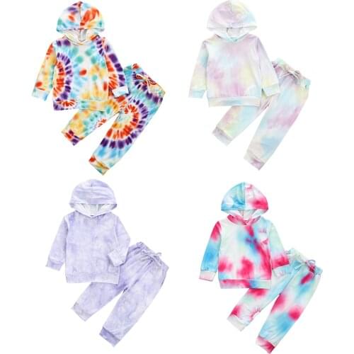 Babys Clothing Set, Tie-dye Long Sleeve Hooded Sweater and Pants Two-piece Suit Vacation Party Photography 1-3 Years