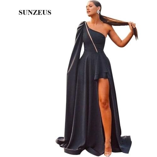 Short Front Long Back Black Prom Dresses Hi-lo One Shoulder Party Gowns With Watteau Train