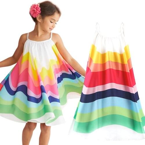 Baby Girls Summer Rainbow Swing Flared Dress Children Sleeveless Straps Casual Sundress Kids Fashion Outfit Clothes 1 2 3 4 5 6T