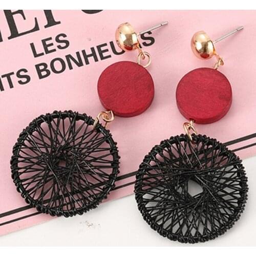 Handmade Irregular Bohemia Earrings Hollow Round Circle Alloy Leaf Tassel Drop Earrings for Women Girl Black Statement Earrings