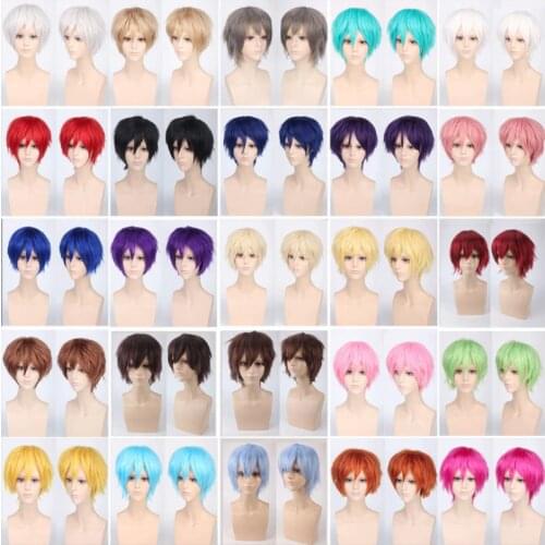 Mens Synthetic Short Fluffy Red Silver Gray Light Golden Yellow Green Pink Purple Orange White Universal Cosplay Wig Bangs