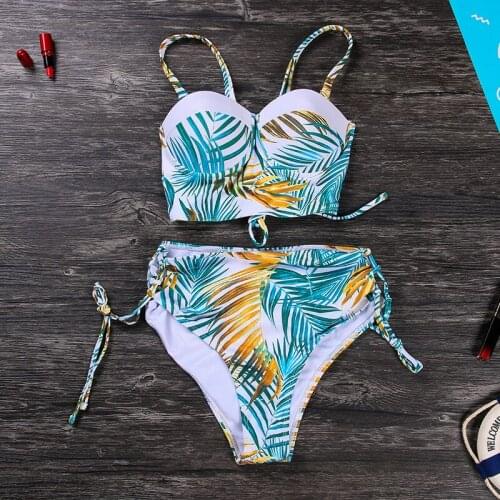 2021New Leaves Printed Print Sport Bandeau Push up Bikinis Sexy Women Swimsuit Thong Swimwear Women bathing suit Beach wear