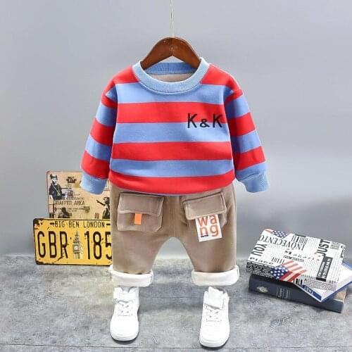 New Winter thicken Kids strips Casual Clothes Boys Baby Girls Cotton warm T Shirt Pants 2Pcs/Sets Children velvet Tracksuit set