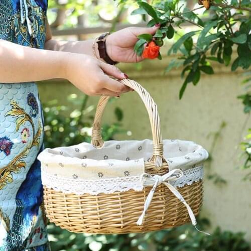Hand Woven Wicker Picnic Basket Willow Hamper Shopping Storage Basket Women Lunch Bag With Handle Liner Outdoor Camping Travel