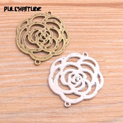 6PCS 31*35mm 2020 New Product Two Color 2 Style Hollow Rose Flower Charms Connector Jewelry Metal Alloy Jewelry Marking