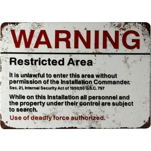 Warning Restricted Area U.S. Military tin metal sign old living room