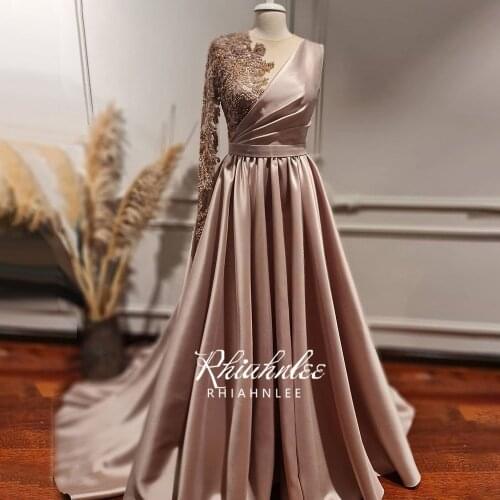 Luxury New Design Long Sleeve One Shoulder Pink Party Dresses 2021 Arabic A Line Satin Beaded Evening Gowns Rhiahnlee