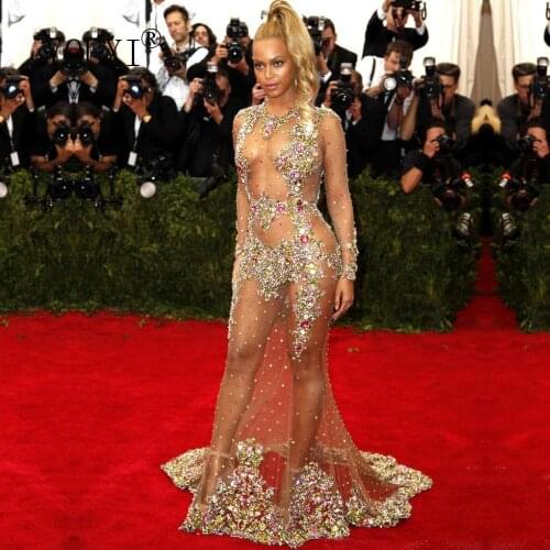 Mermaid Celebrity Dresses Sexy Red Carpet Beyonce Hot See Through Tulle Beaded Crystal Rhinestone Luxurious Evening Gown