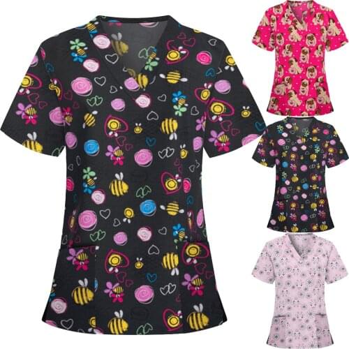 S-XXXL New Women Animal Print Casual Short Sleeve V-neck Carer Top greys anatomy Warm nursing work clothes Cute animal print F4