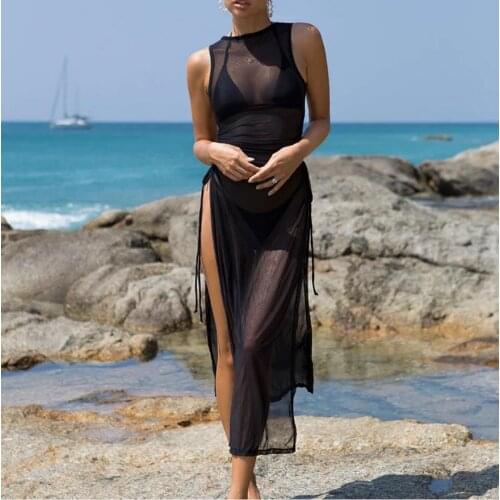 2021 Sexy Womens Bikini Cover-Up Mesh Sheer See Through Long Dress High Split Lace-up Sleeveless Swimsuit Cover Dress Beachwear