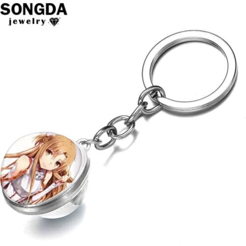 SONGDA Hot Selling Sword Art Online Key Chain Cute SAO Figures Keychain Double Side Glass Ball Key Ring Holder Anime Accessories