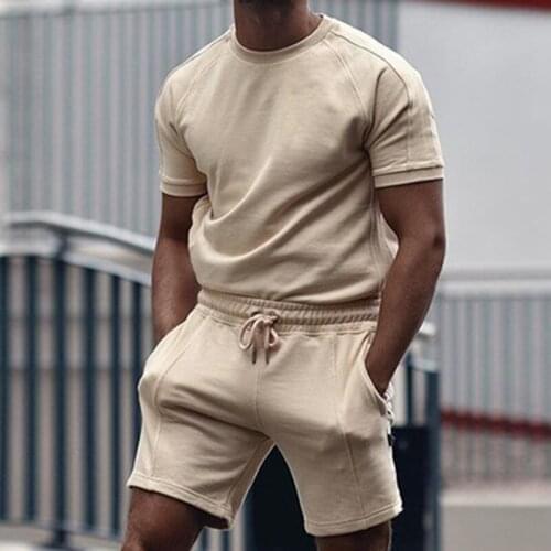 Sports Mens Solid Tracksuit O-Neck T Shirt And Drawstring Shorts Outfits 2021 Summer Casual Two Piece Set Men Fashion Streetwear