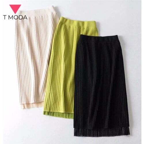 T MODA 2021 Autumn Winter Women Elegant Both Side Wear Midi Pencil Knit Skirts For Wrok Lady Female Chic OL Elastic Waist Skirts