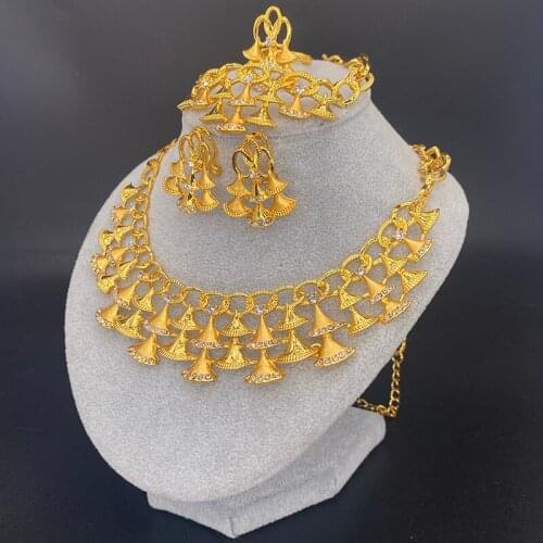Nigerian Gold Necklace Bracelet earrings ring with Stone African Collar 24k Dubai Jewelry Sets for Women Ethiopian Wedding Gifts
